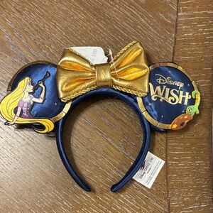 Disney Wish Cruise Headband with Gold Bow and Blue Ears